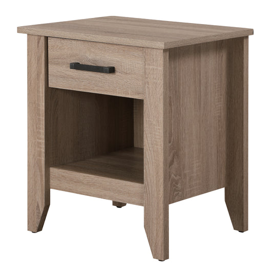 Rustic oak wood bedside table with one drawer and open shelf
