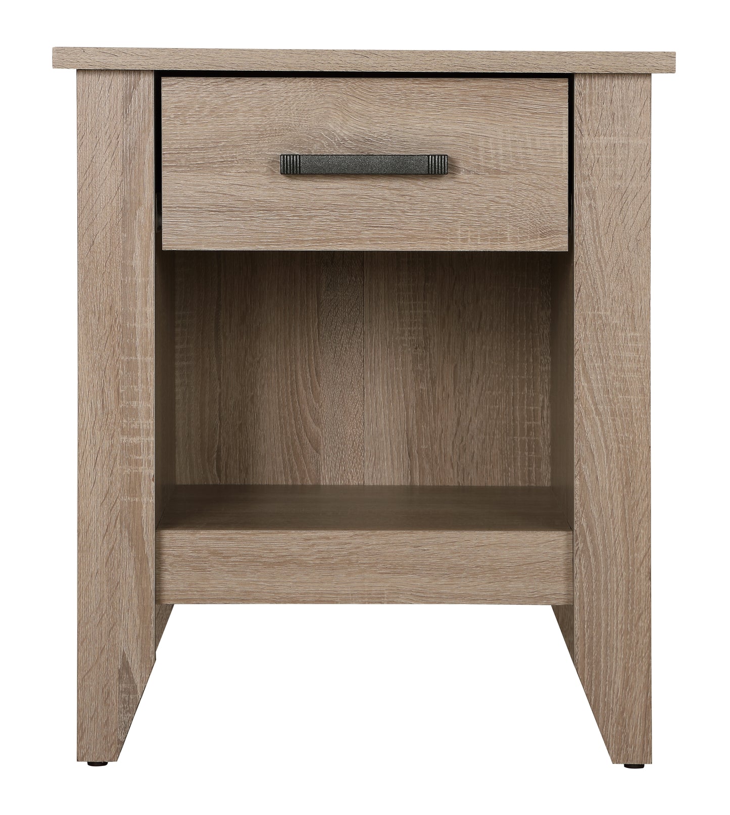 Modern oak veneer bedside table with one drawer and open shelf