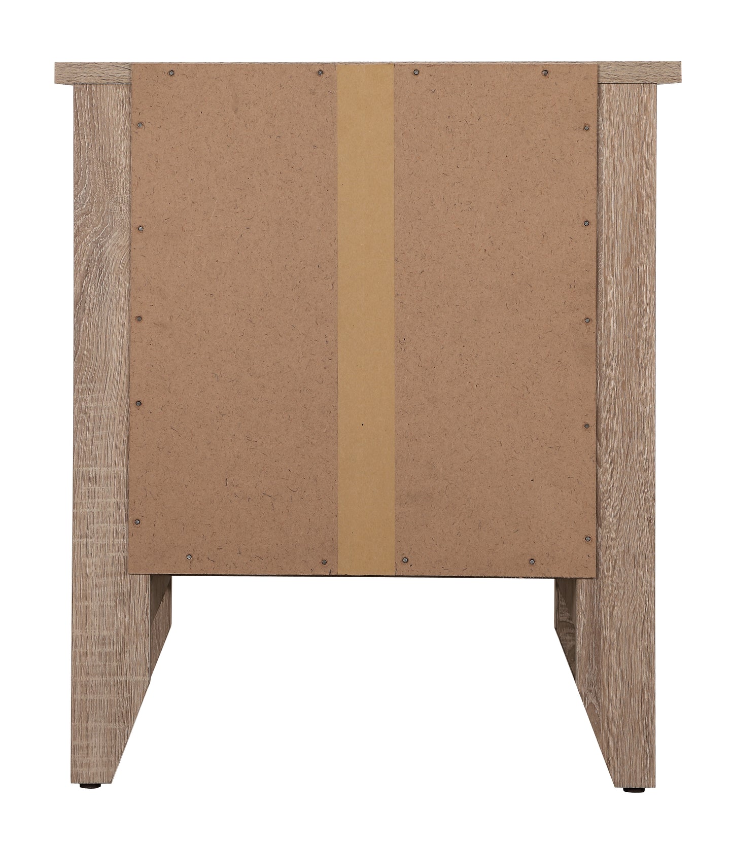 Back view of a light oak laminate particleboard nightstand showing construction detail