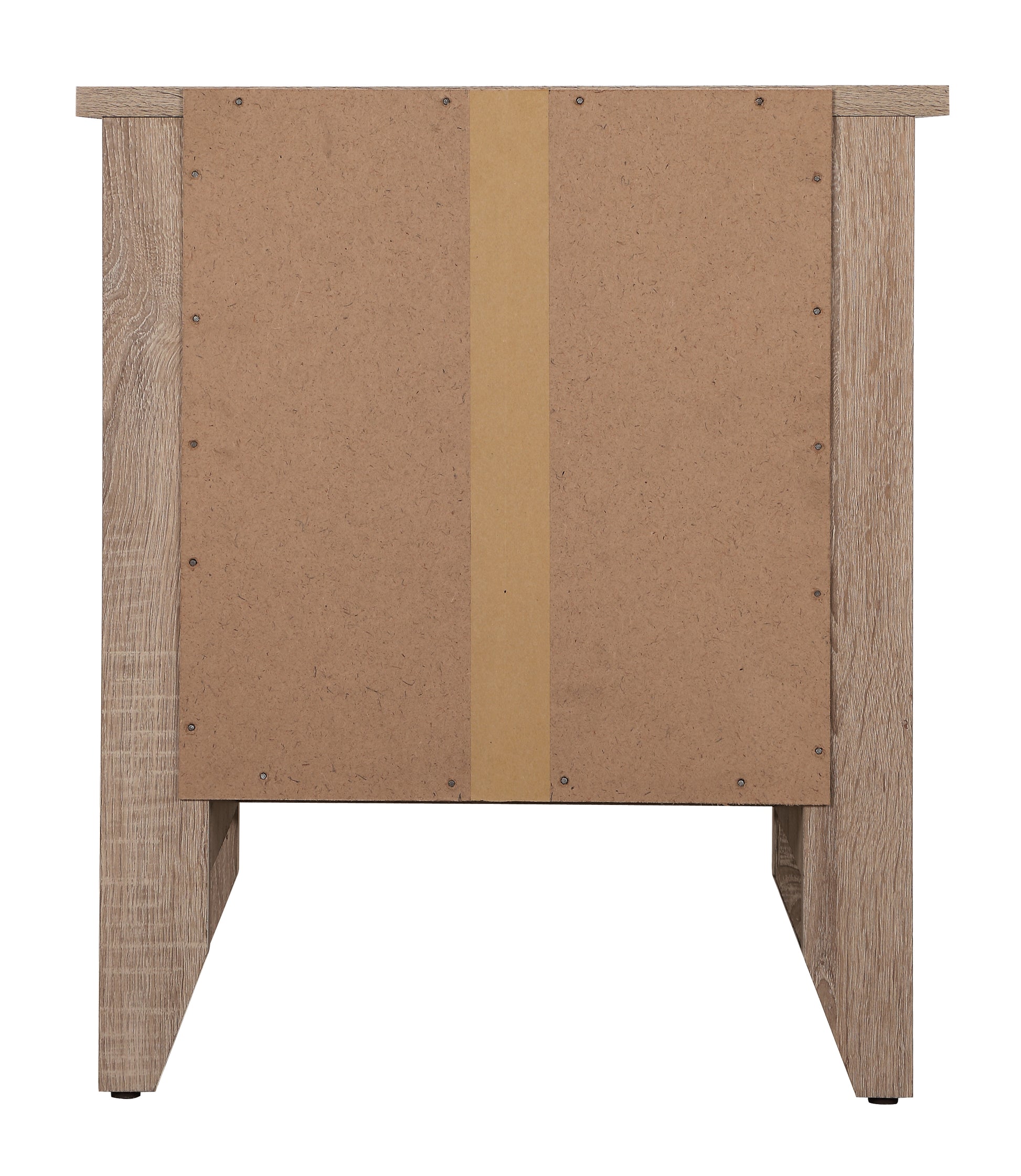 Back view of a light oak laminate particleboard nightstand showing construction detail