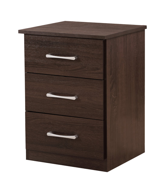 Dark brown drawer bedside table with silver handles and wood grain texture
