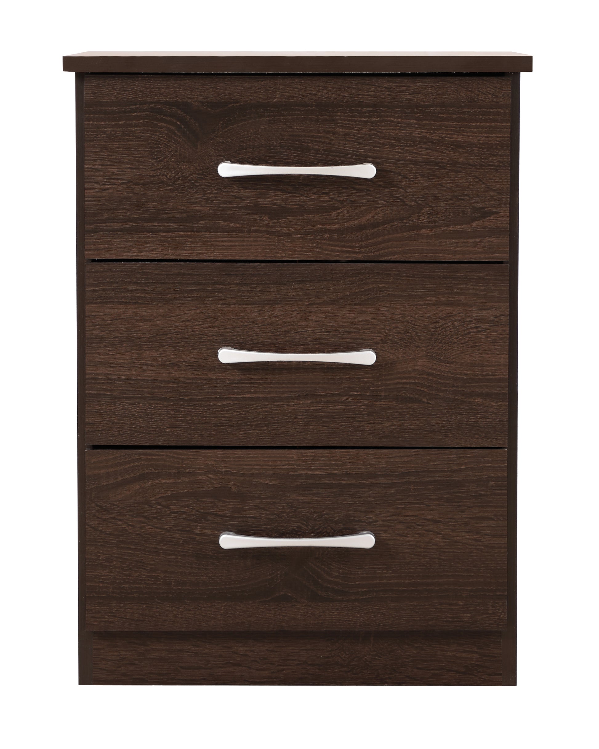 Dark wood finish bedside table with three drawers and silver handles