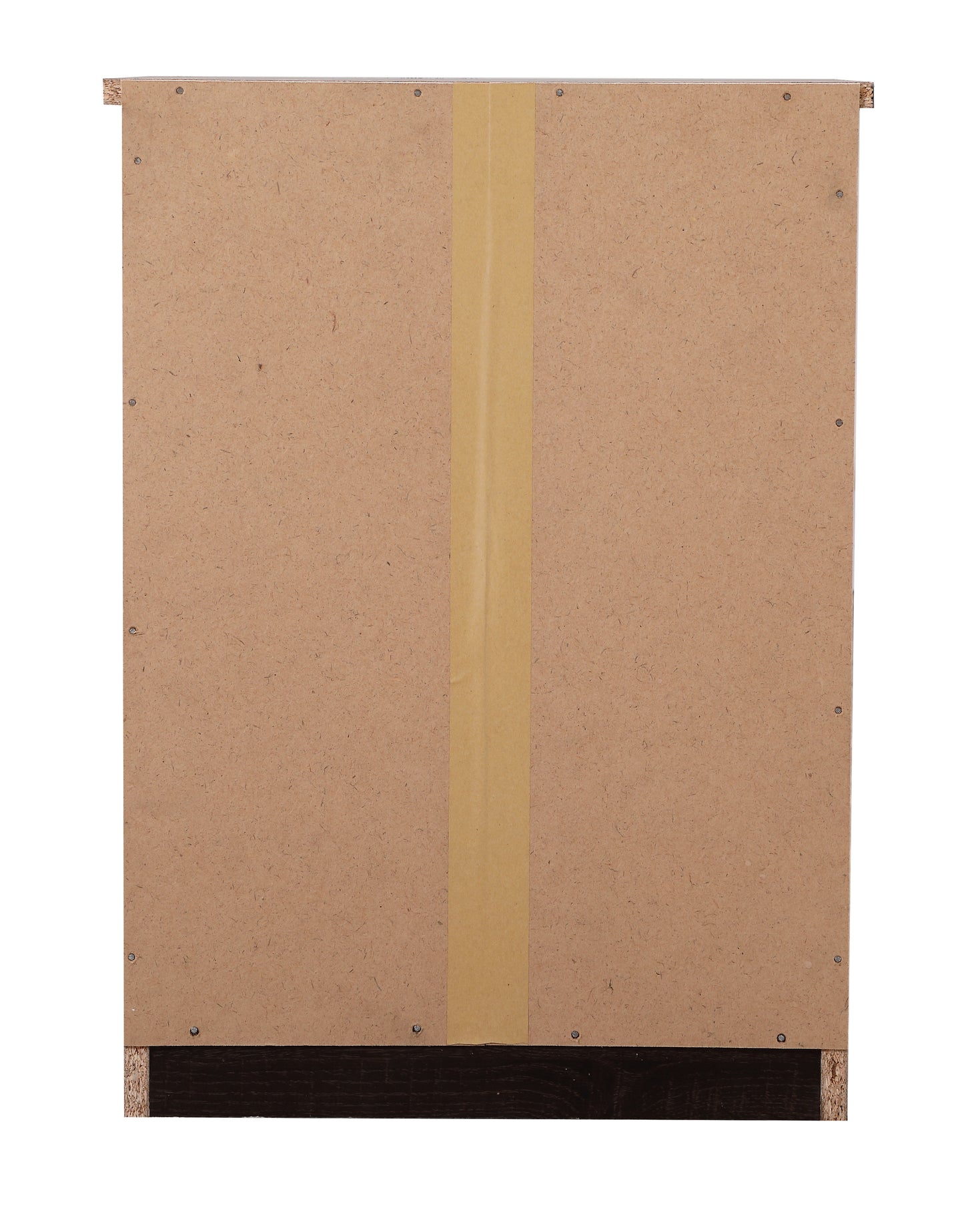 Back panel of particleboard furniture with tan tape reinforcement
