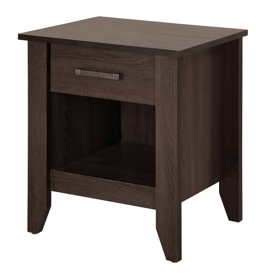 Dark brown wood grain nightstand with one drawer and open shelf