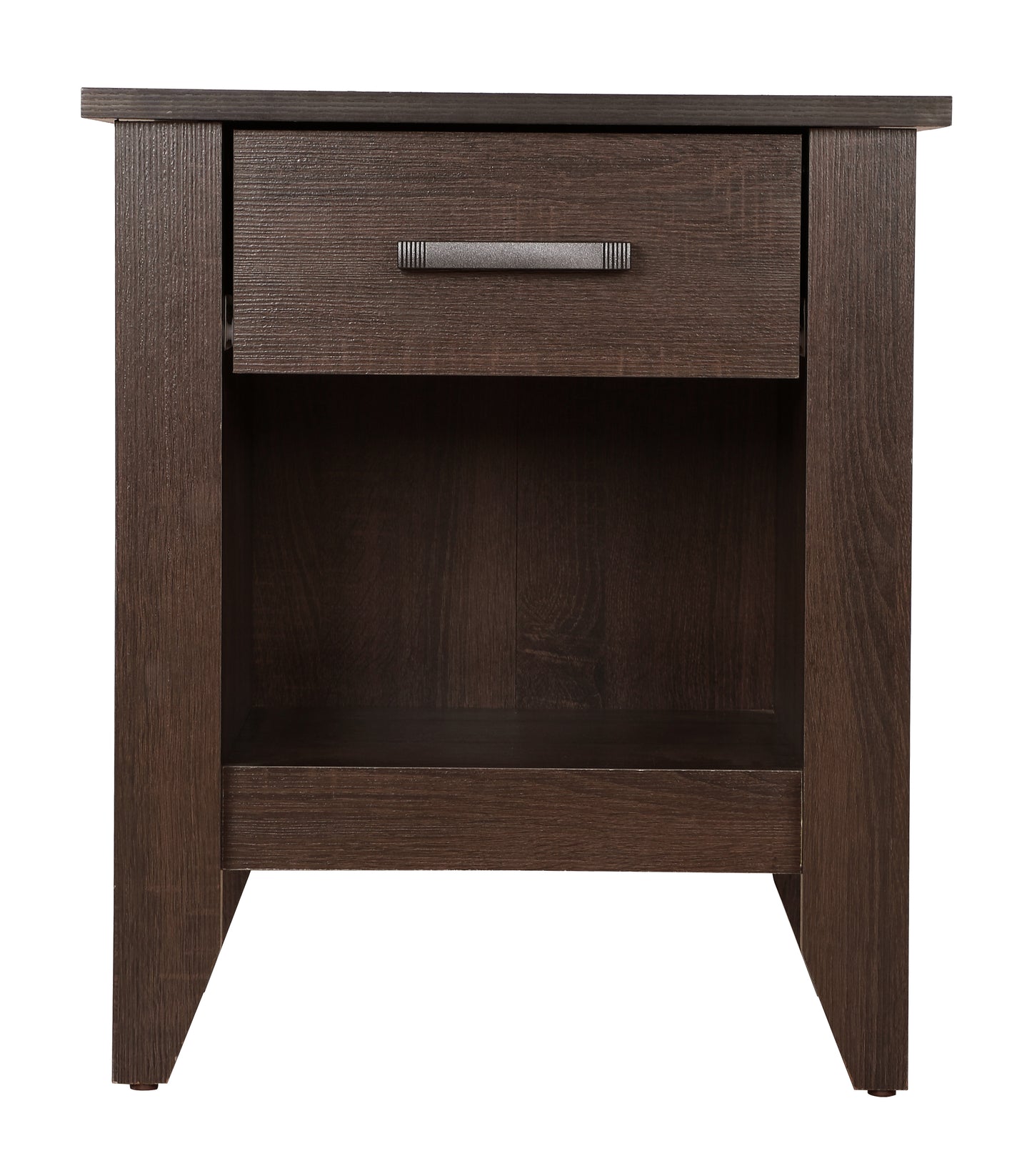 Dark brown wood veneer nightstand with one drawer and open shelf
