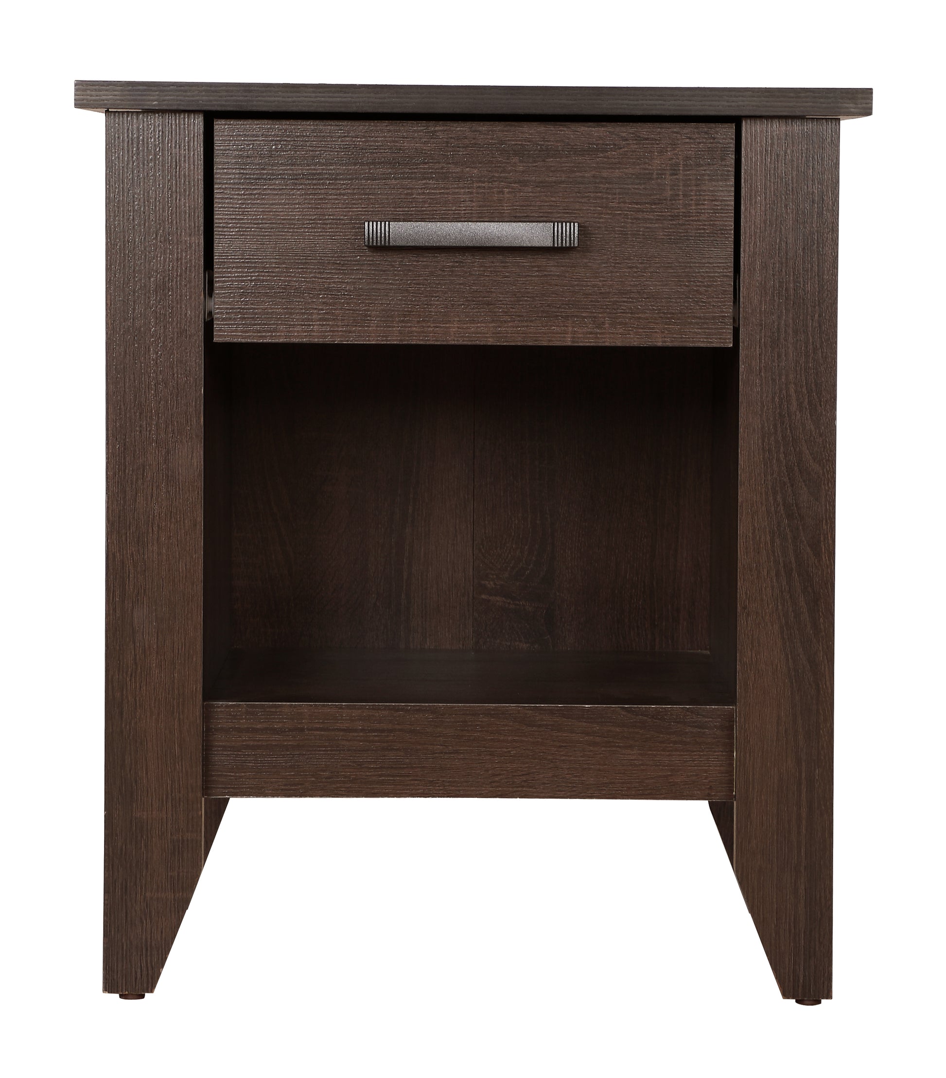 Dark brown wood veneer nightstand with one drawer and open shelf