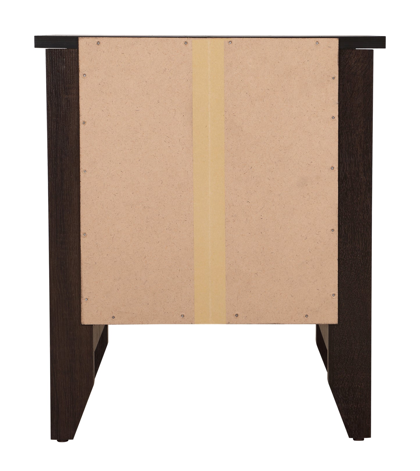 Back of dark wood nightstand showing particle board panel with taped seam