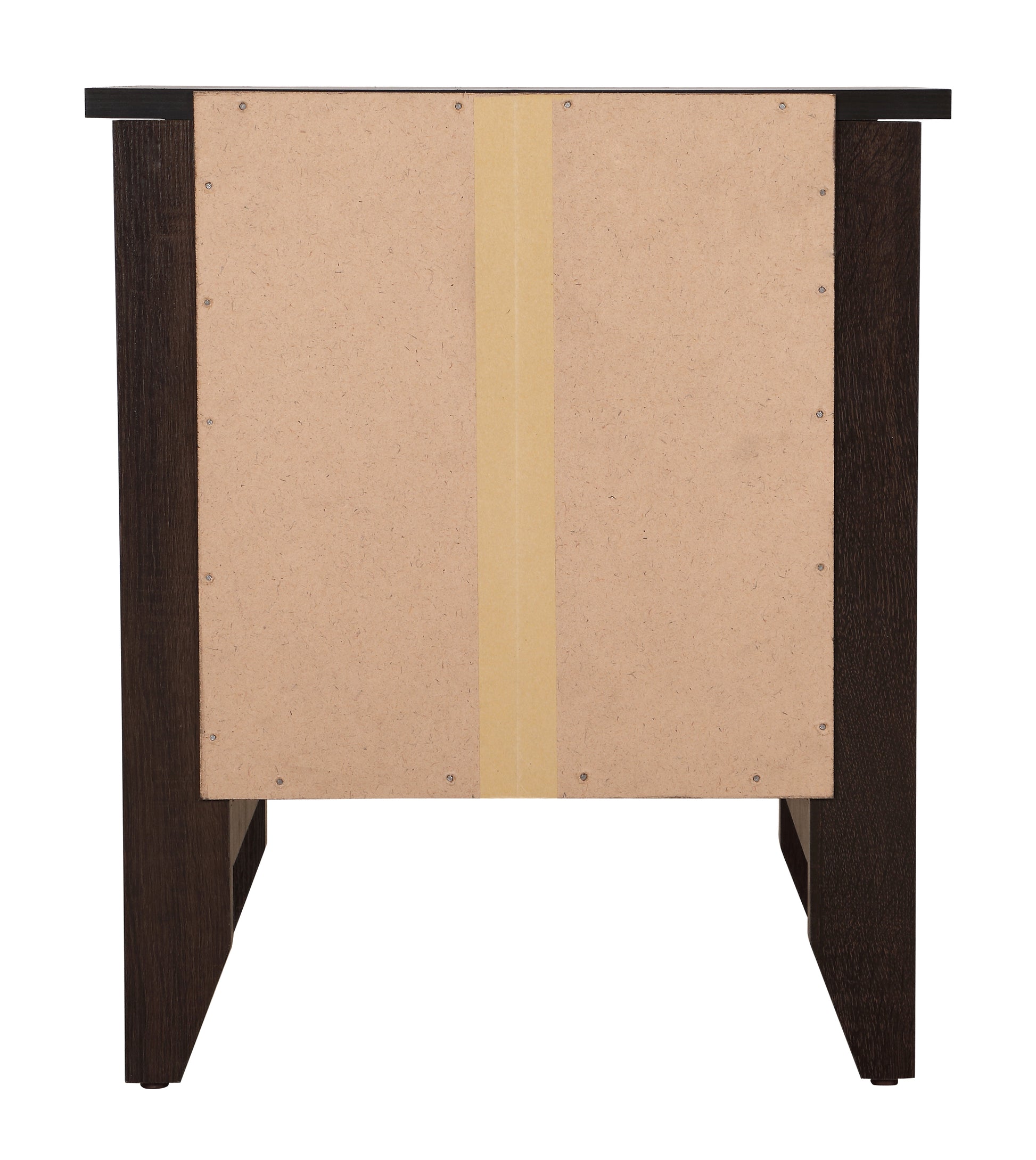 Back of dark wood nightstand showing particle board panel with taped seam