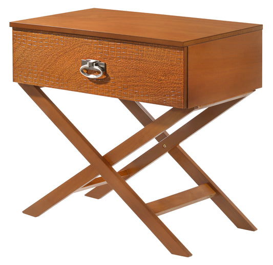 Brown faux crocodile embossed nightstand with chrome ring pull on wooden Xframe legs