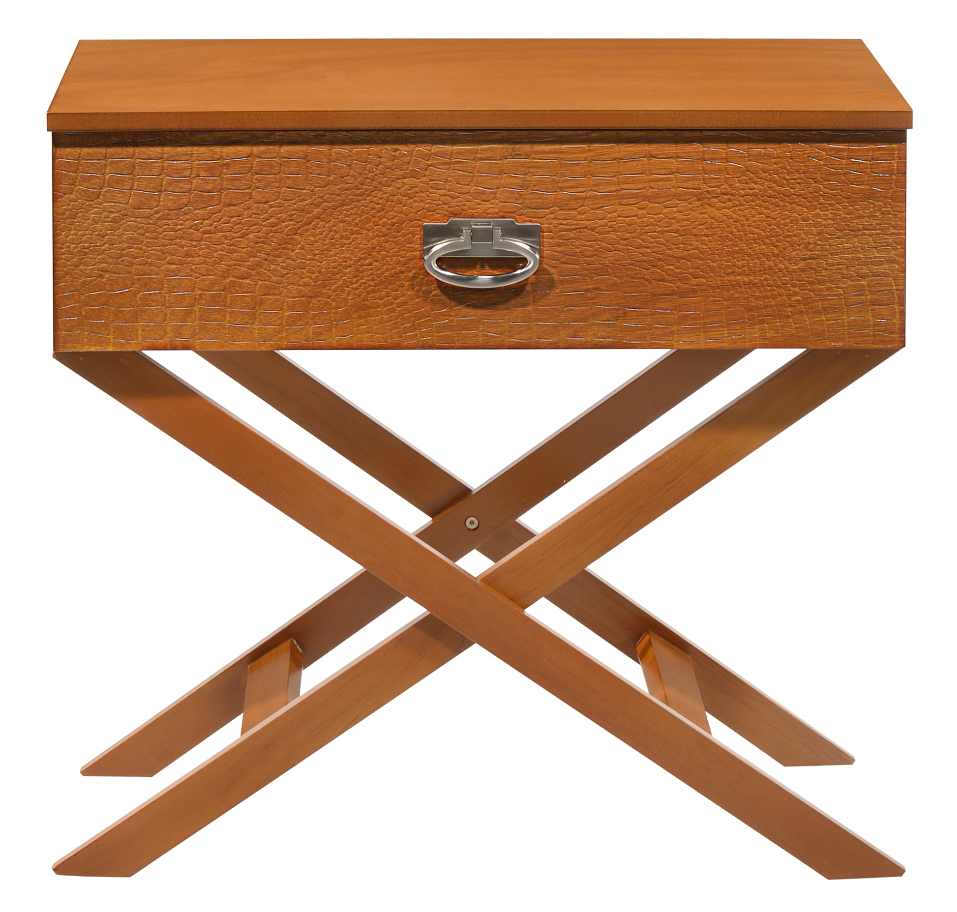 Tan alligator embossed bedside table with a drawer and chrome ring pull handle