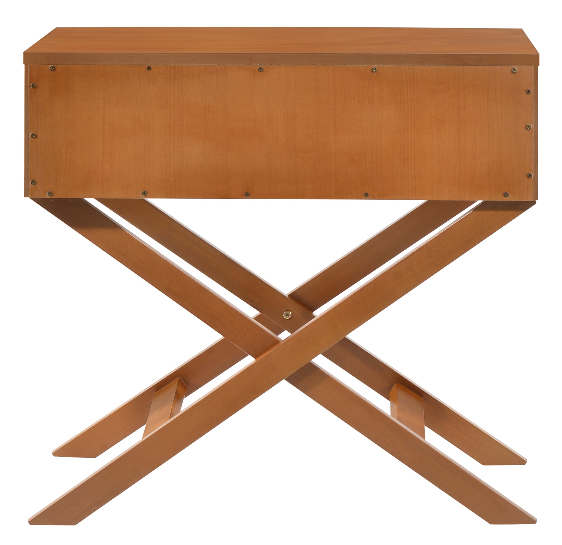 Wooden side table with crisscross leg design in warm brown