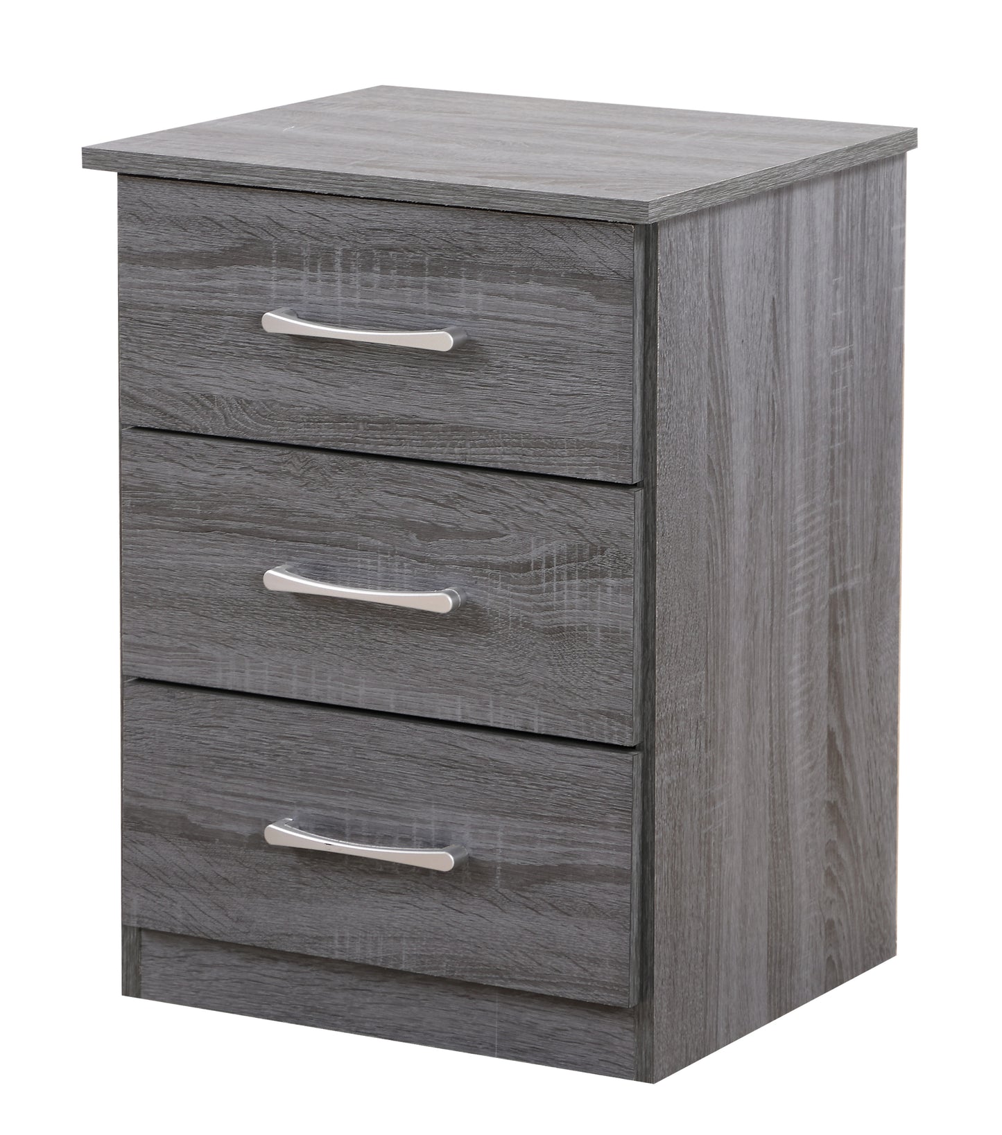 Grey wood effect bedside table with three drawers and silver handles