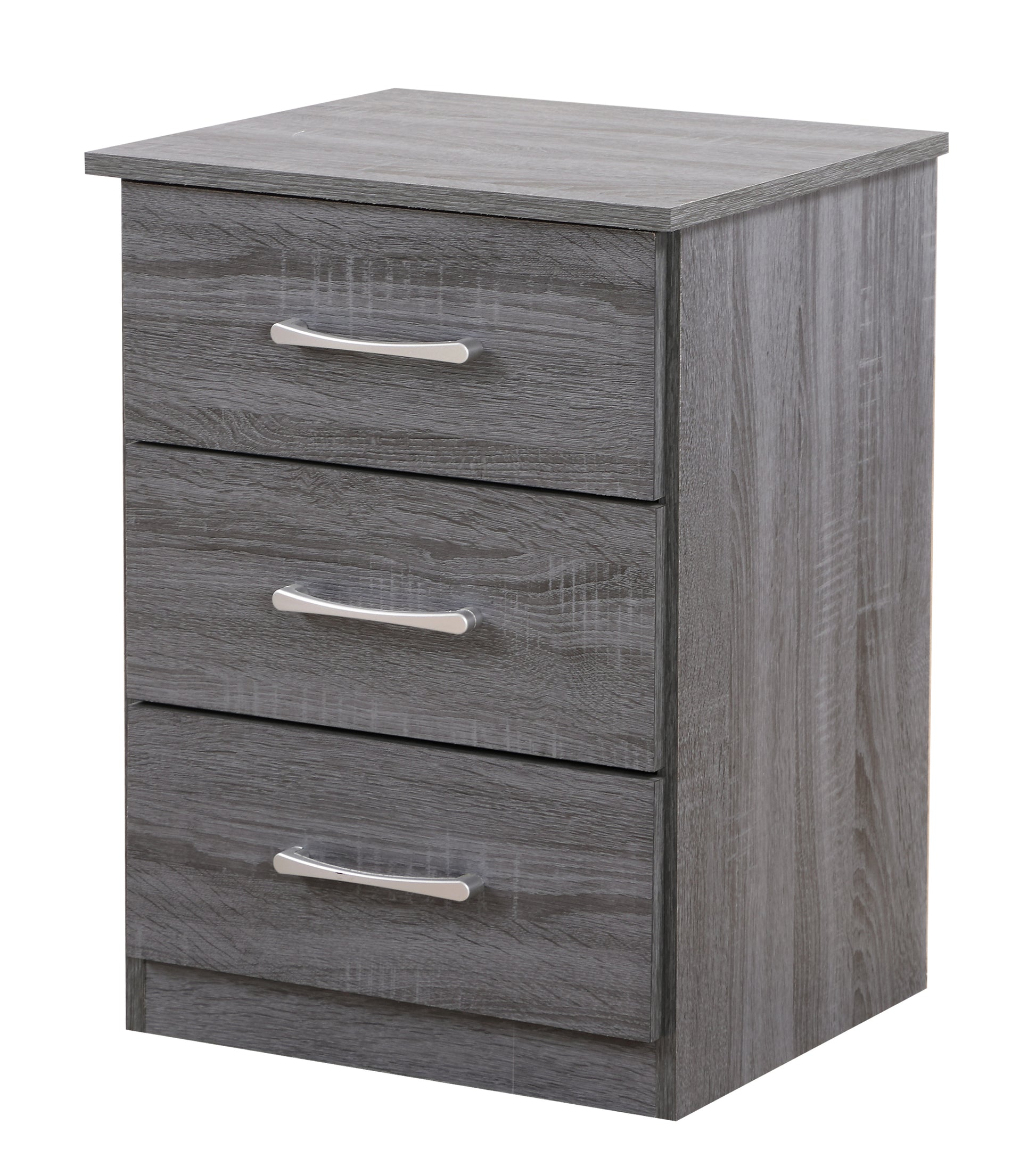 Grey wood effect bedside table with three drawers and silver handles