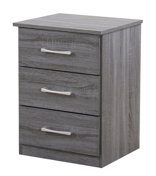 Grey wood effect bedside table with three drawers and silver handles