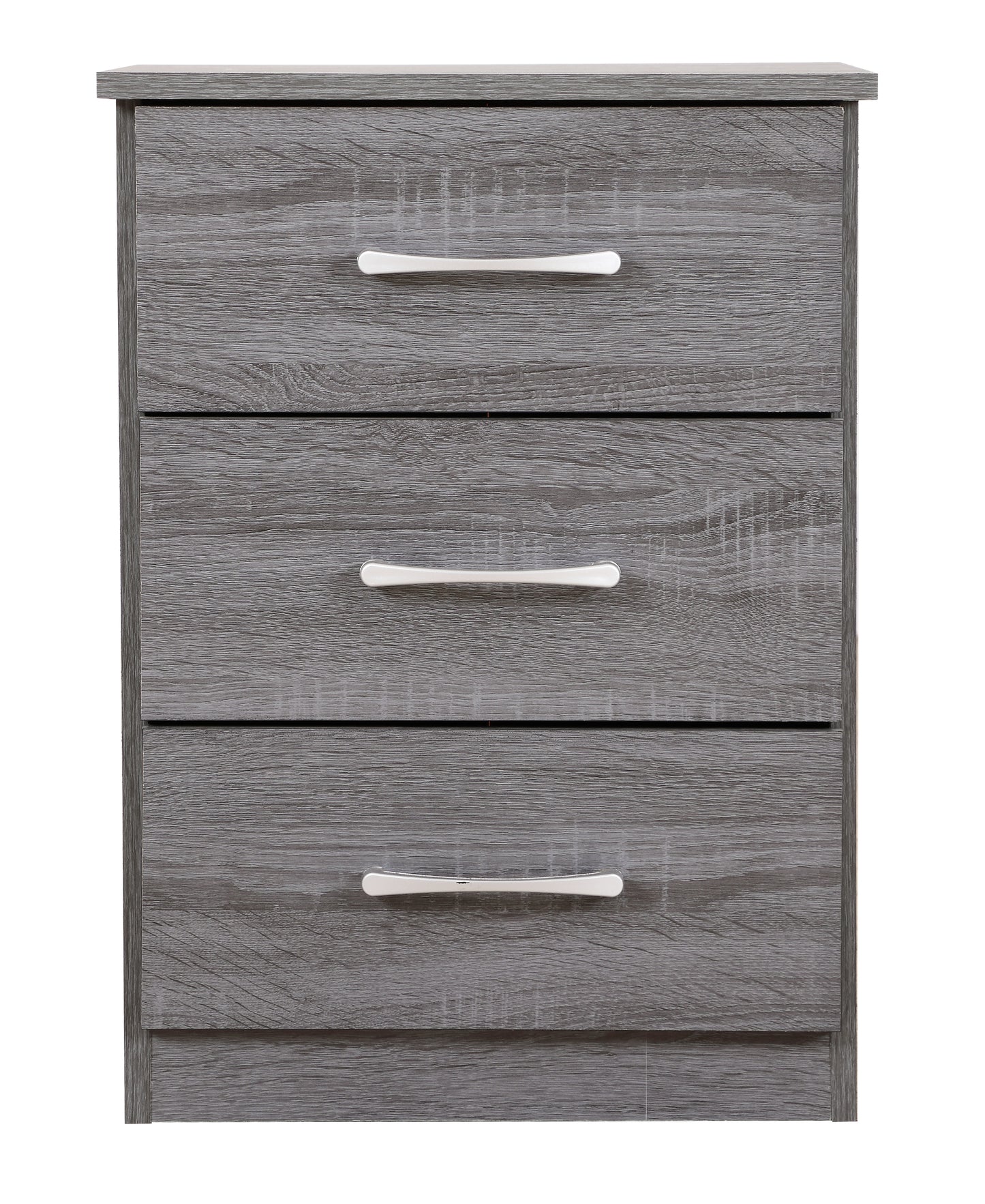 Grey wood effect threedrawer bedside cabinet with silver handles