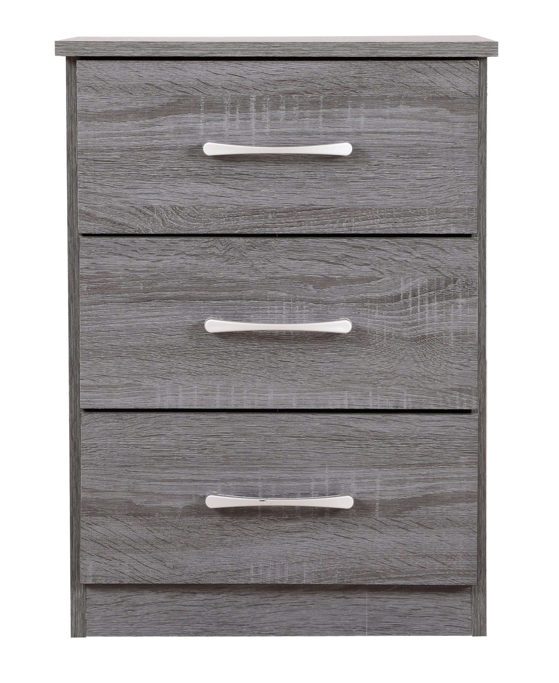 Grey wood effect threedrawer bedside cabinet with silver handles