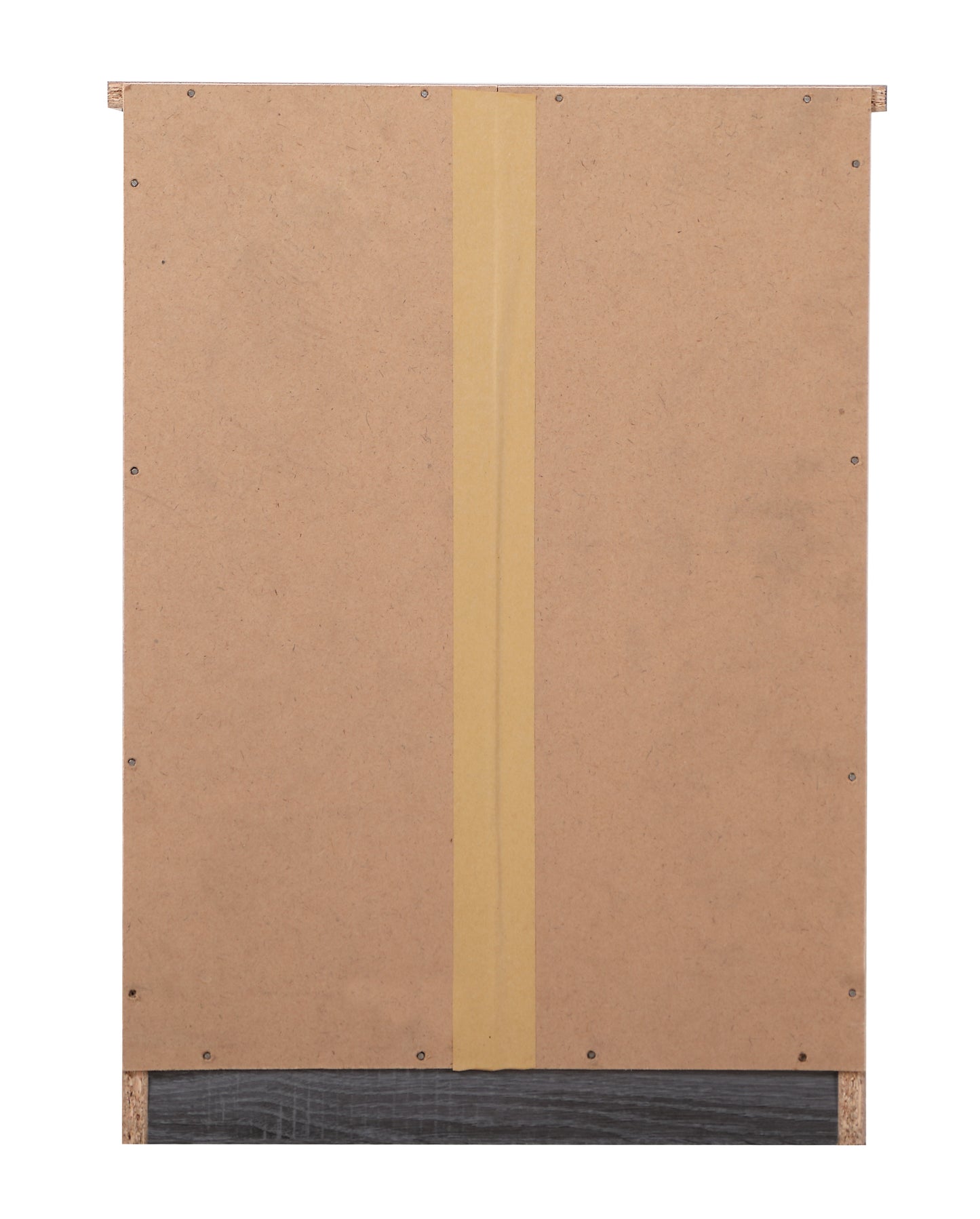 Back panel of particle board furniture in wood grain finish taped seam for stability