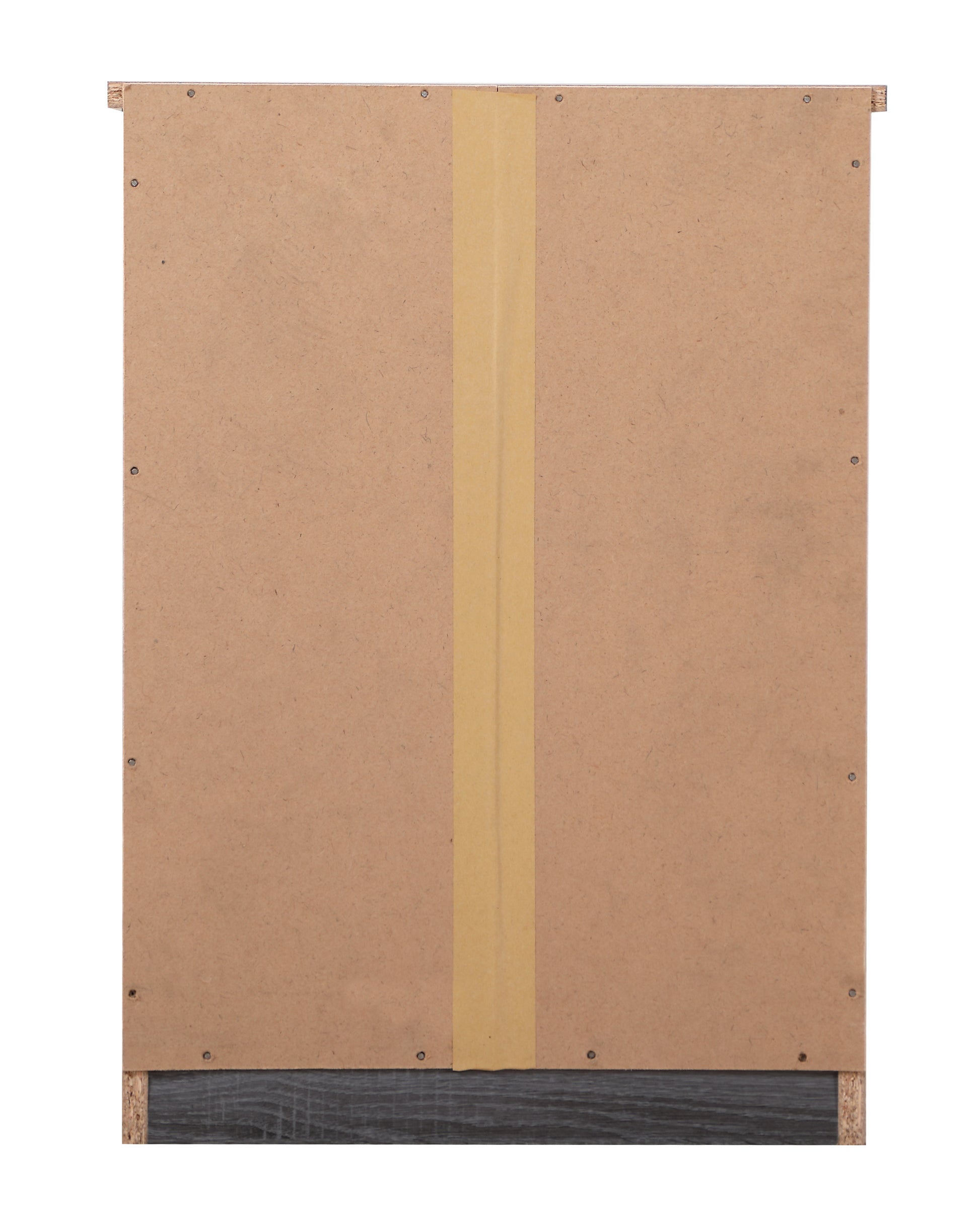 Back panel of particle board furniture in wood grain finish taped seam for stability