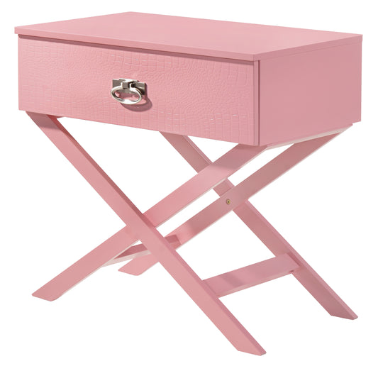 Pink embossed side table with silver ring pull and crisscross legs for bedside use