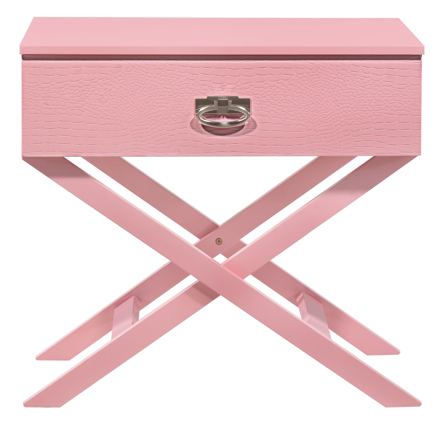 Pink embossed leather bedside table with chrome ring pull and Xframe legs