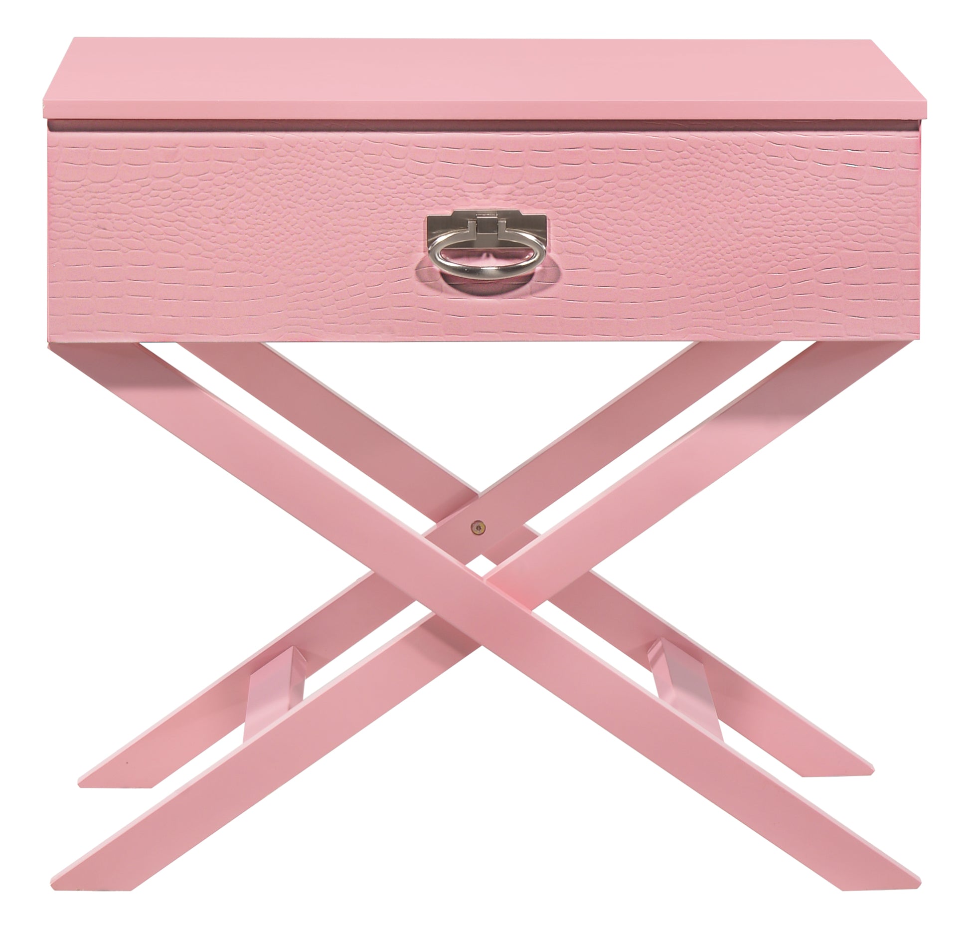 Pink crocodiletextured bedside table with silver ring pull on Xframe legs