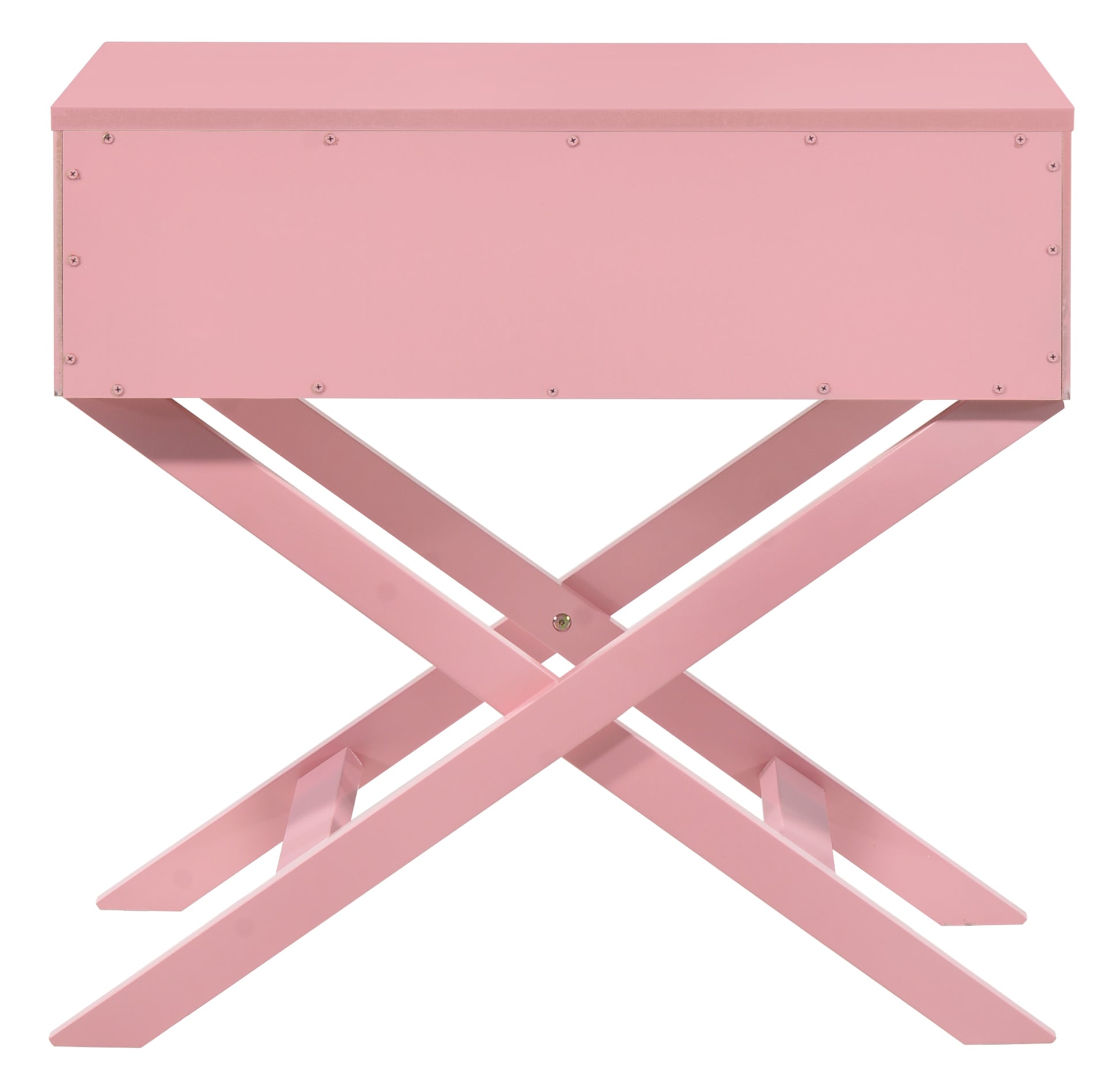 Pink wooden kids vanity table with mirrored top and Xshaped legs