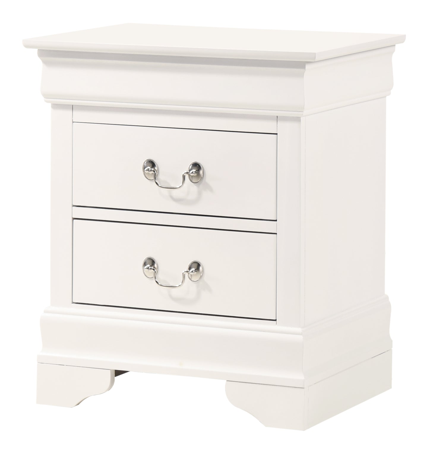 Elegant white wood nightstand with two drawers and silver hardware