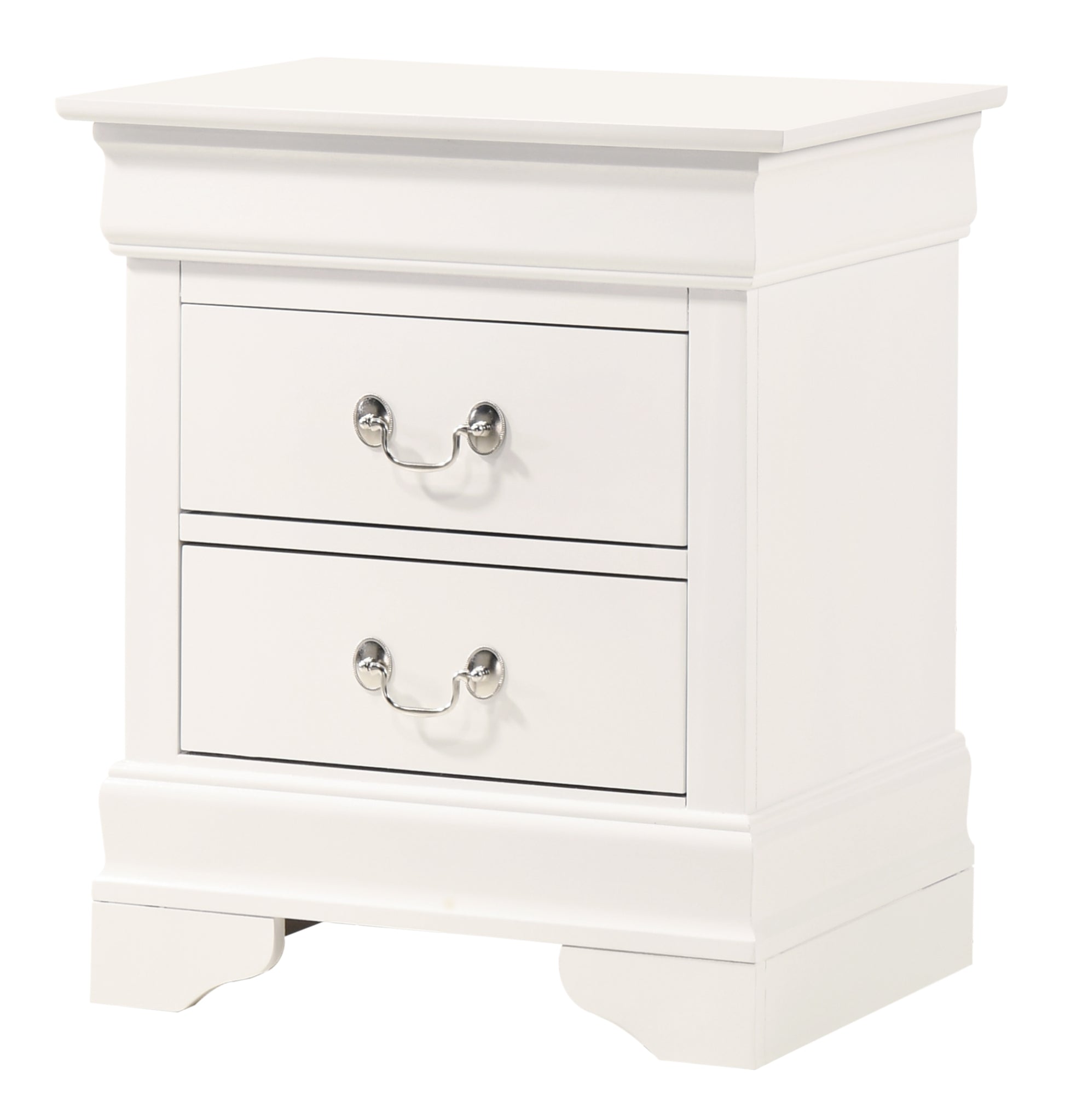 Elegant white wood nightstand with two drawers and silver hardware