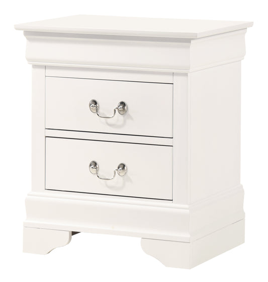 Elegant white wood nightstand with two drawers and silver hardware