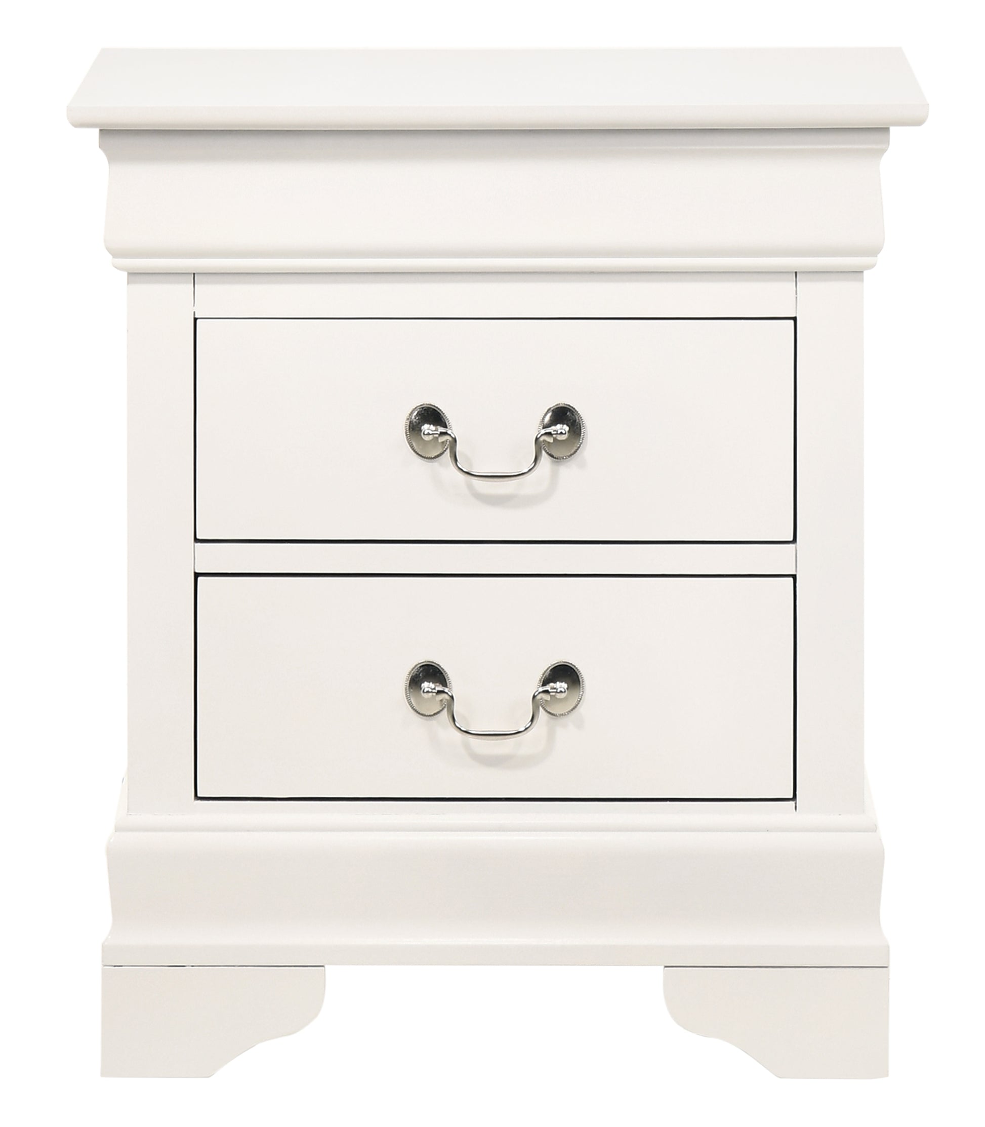 White twodrawer nightstand with silver hardware and decorative molding