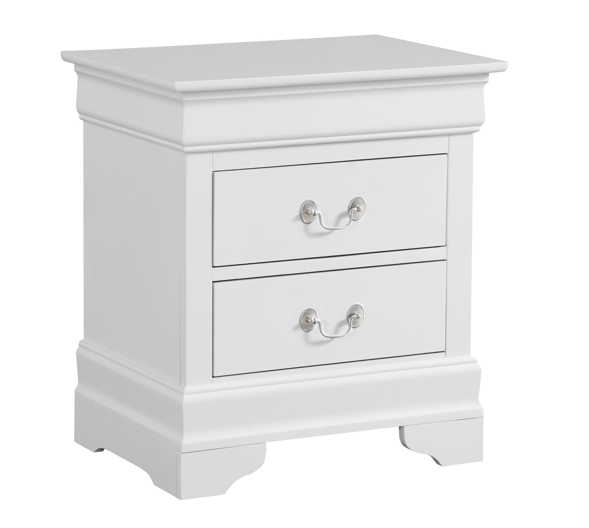 Classic white twodrawer nightstand with silver pull handles and detailed molding