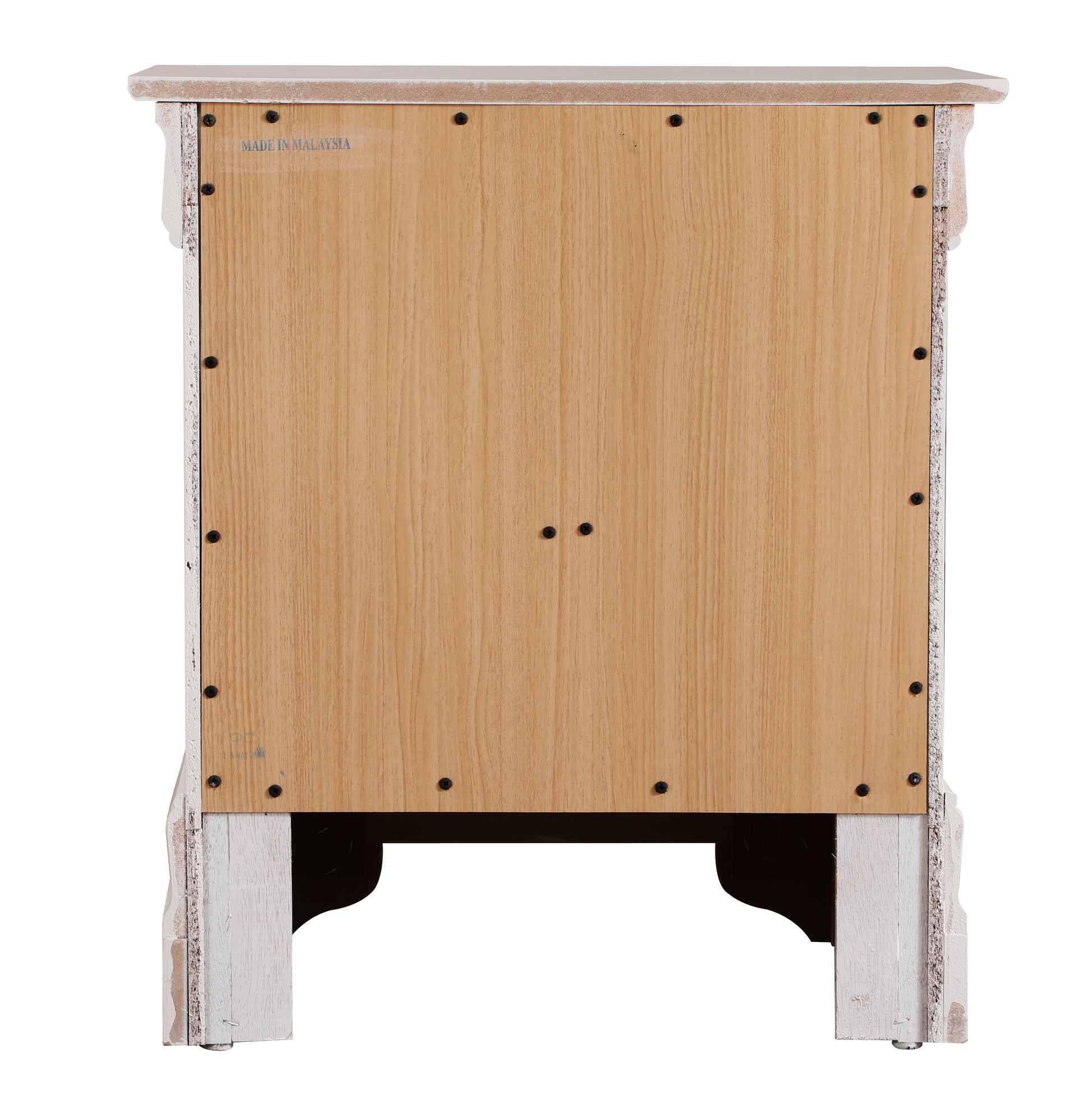 White distressed wood bedside table back panel with visible screws