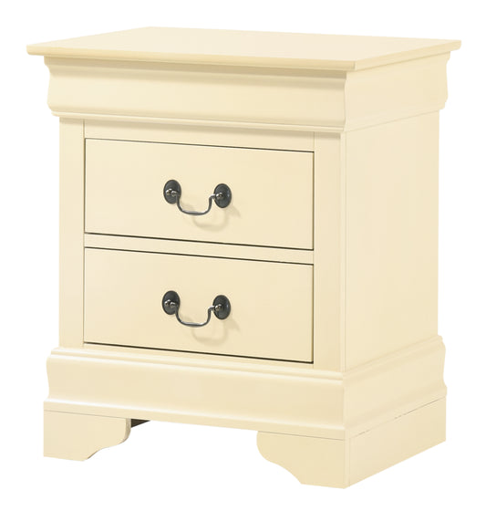 Cream painted nightstand with two drawers and ornate handles
