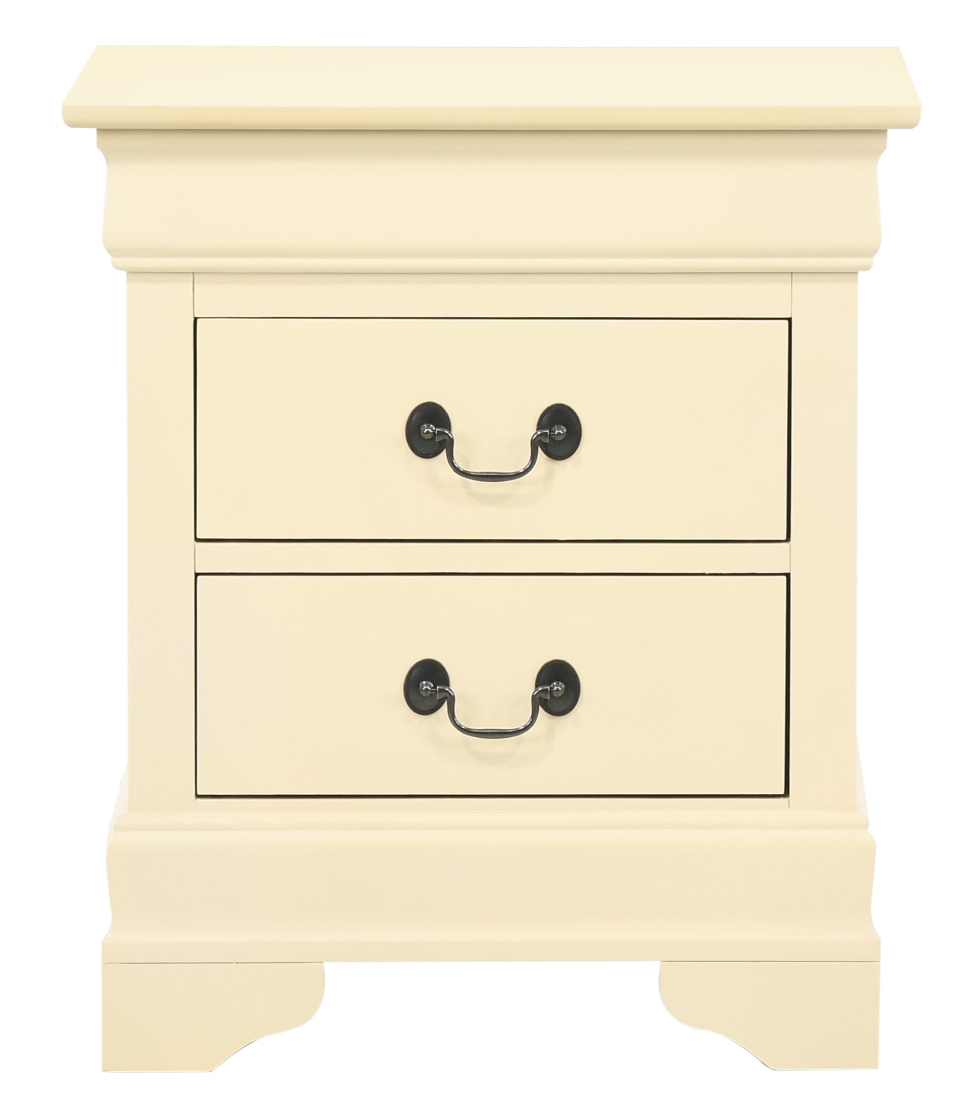 Cream wood nightstand with two drawers and antique brass pull handles perfect for bedroom storage