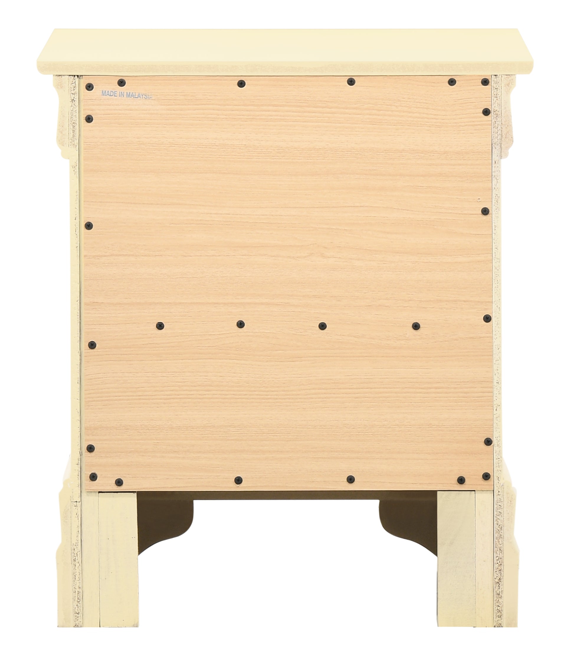 Cream painted distressed wood bedside table showing back panel secured with screws