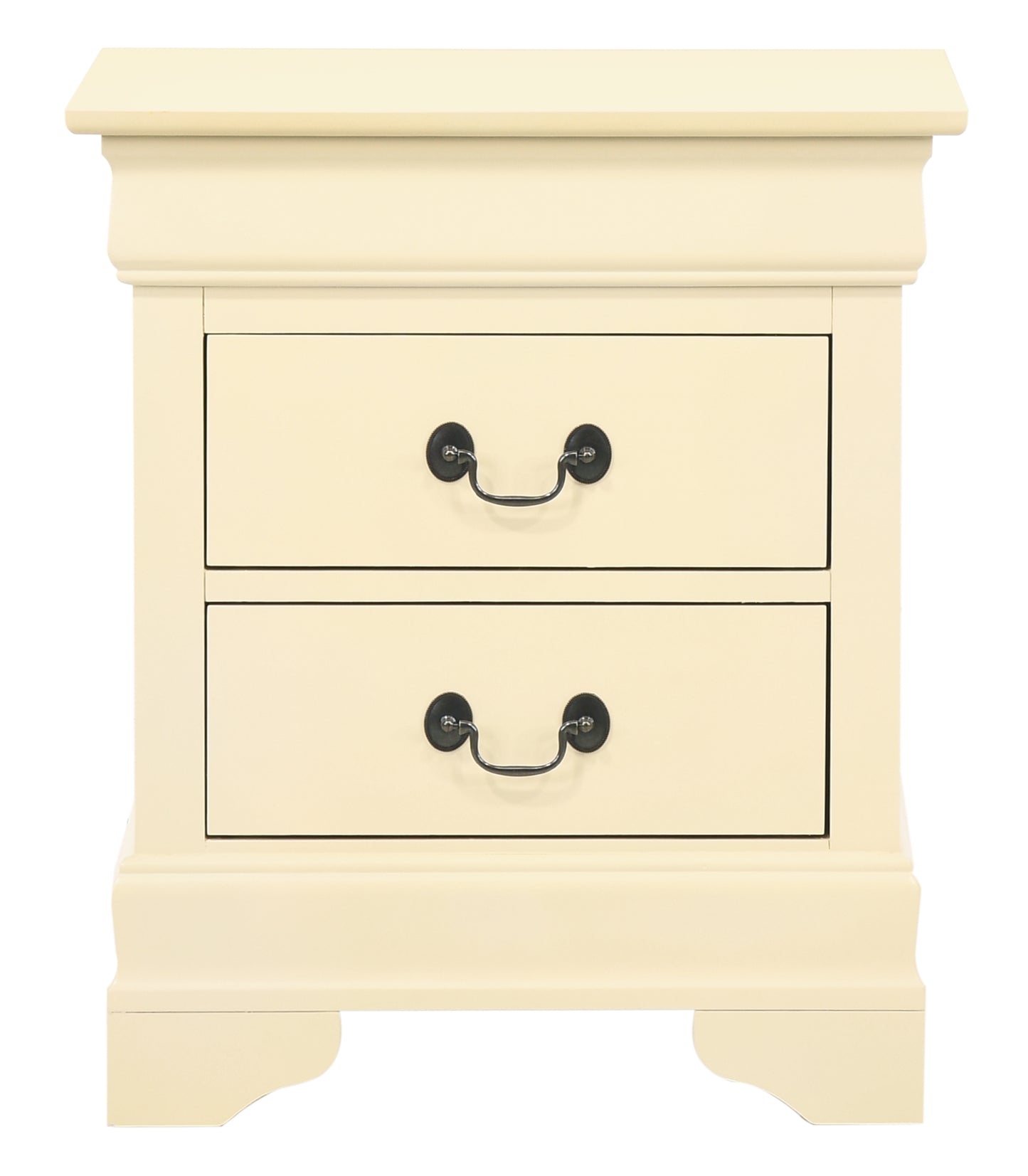 Cream painted wooden bedside table with two drawers and antique brass handles