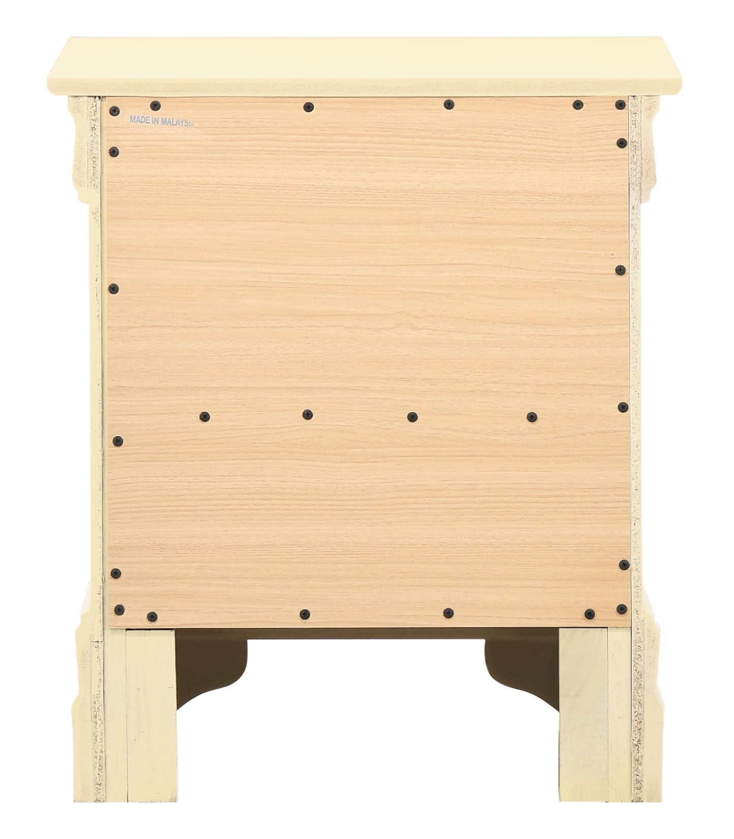 Cream painted nightstand back panel with light wood veneer and visible screws