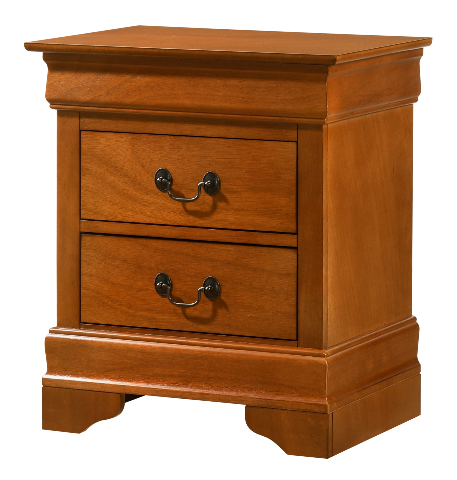 Rich cherry wood nightstand with two drawers and antique brass pulls perfect bedside storage