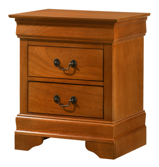 Rich cherry wood nightstand with two drawers and antique brass pulls perfect bedside storage