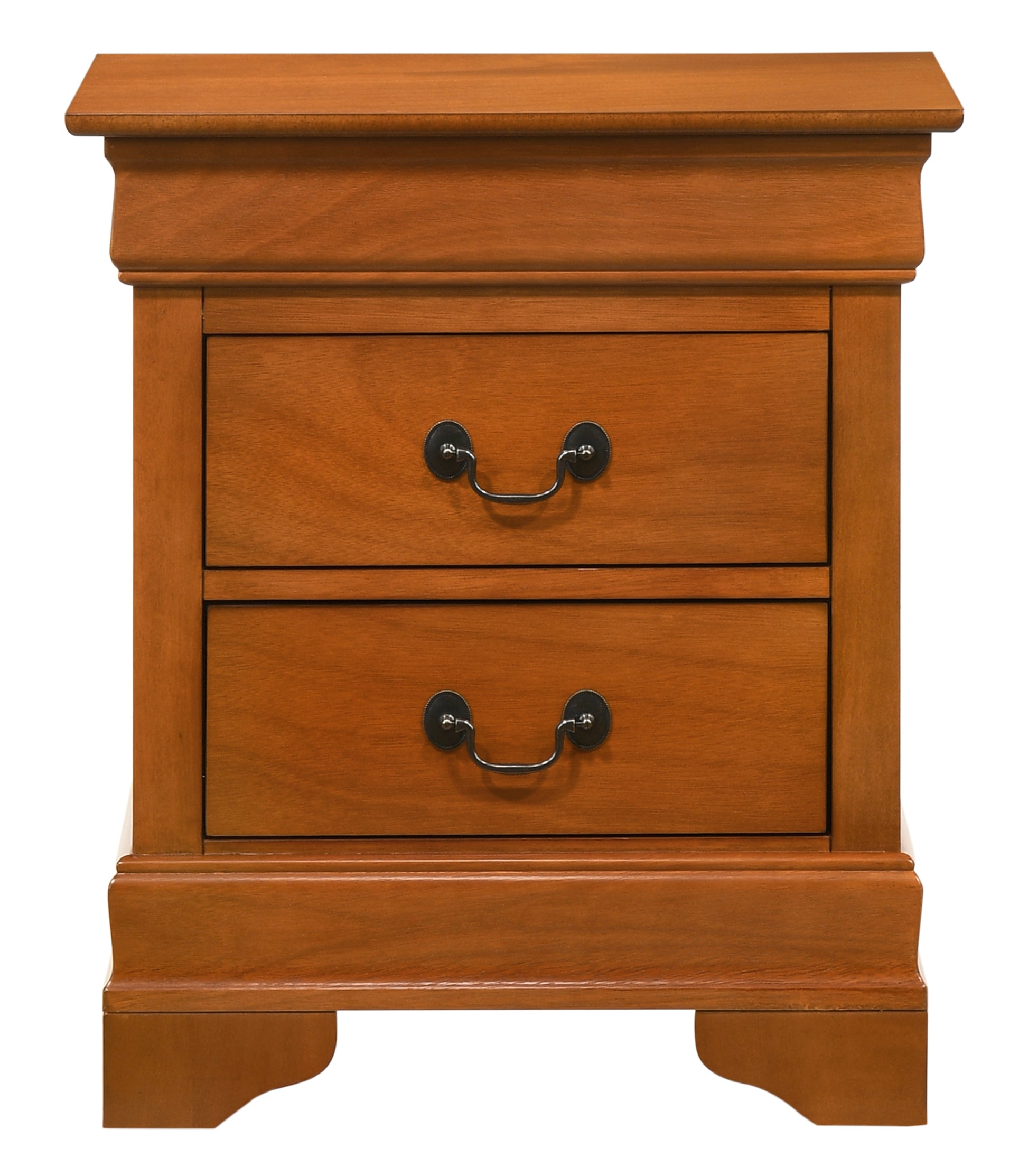 Solid wood nightstand in warm cherry finish with two drawers and antique brass pulls