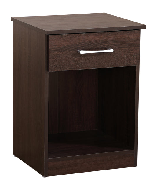 Dark brown wooden nightstand with one drawer and an open shelf for bedside essentials