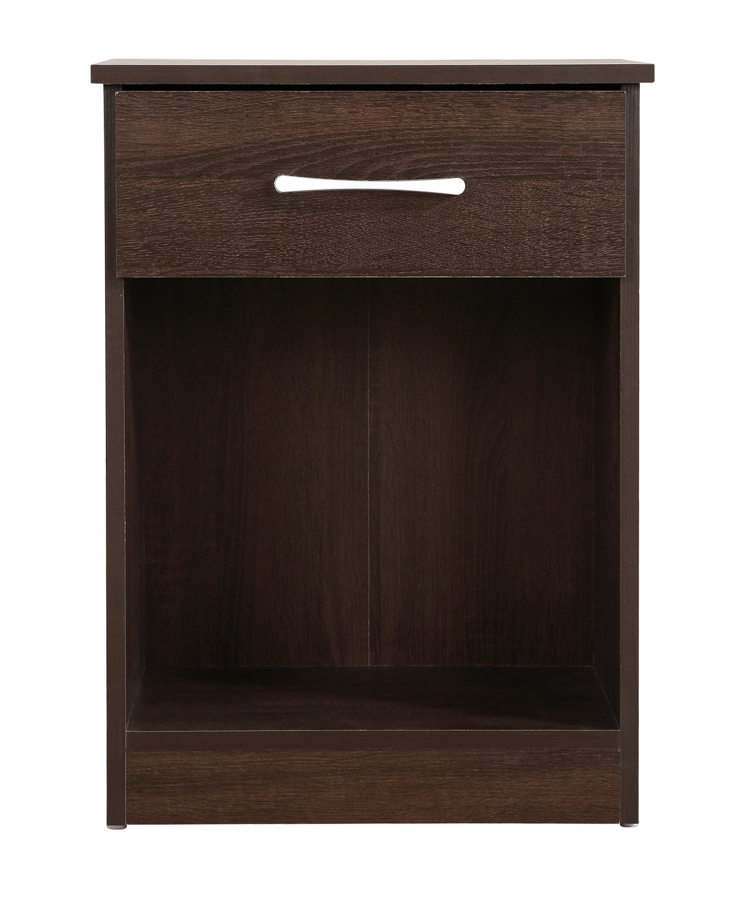 Dark wood nightstand with one drawer and open shelf