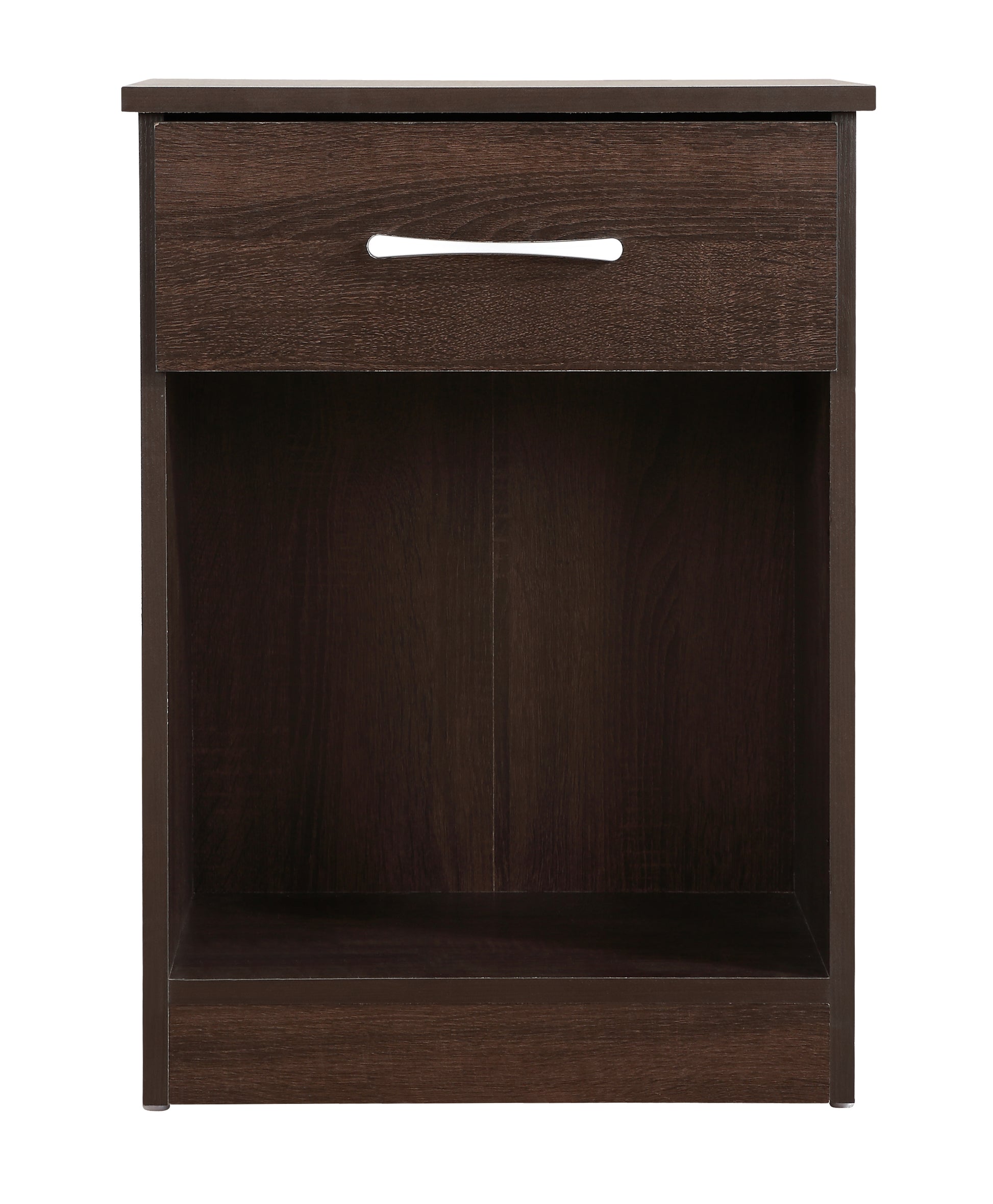 Dark wood nightstand with one drawer and open shelf