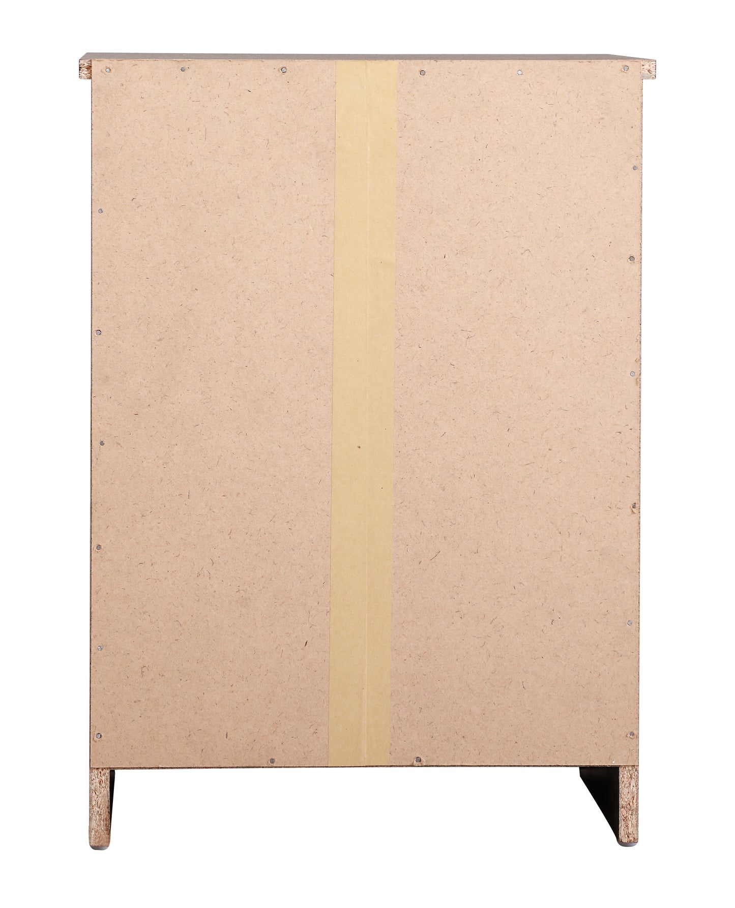 Back view of a particle board cabinet with taped seam and four short legs