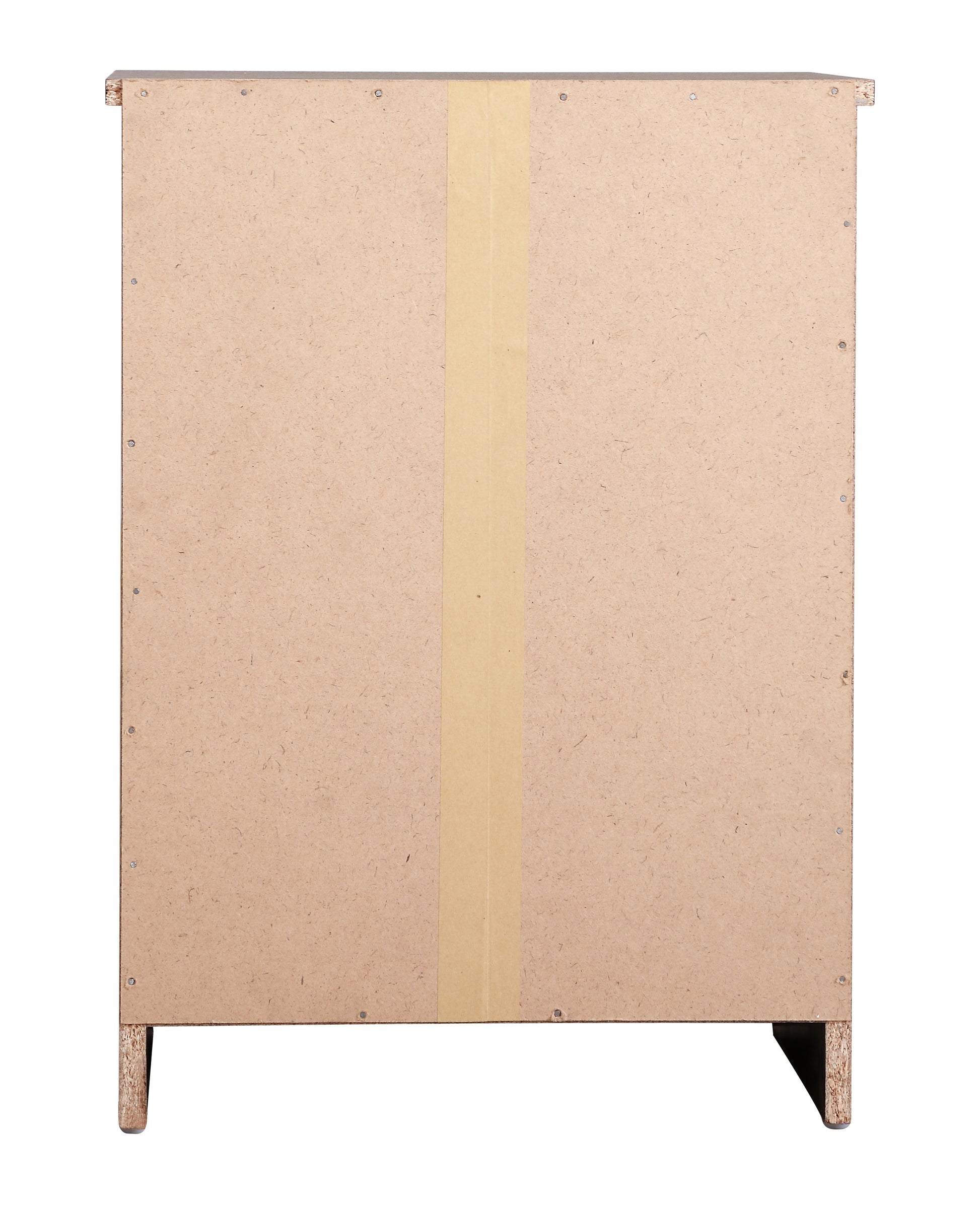 Back view of a particle board cabinet with taped seam and four short legs
