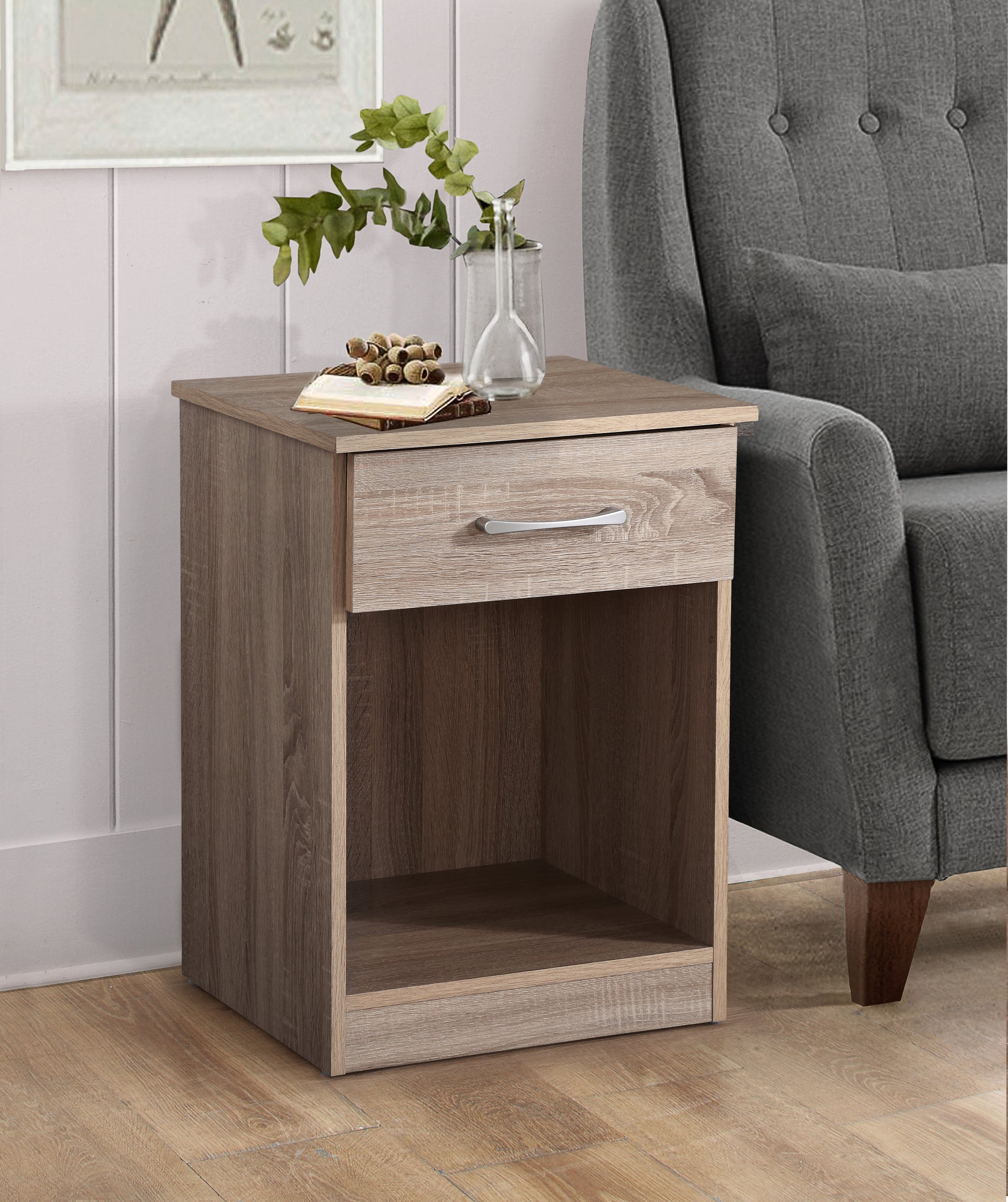 Modern twotone oak bedside table with one drawer and open shelf