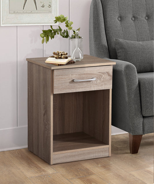 Modern twotone oak bedside table with one drawer and open shelf