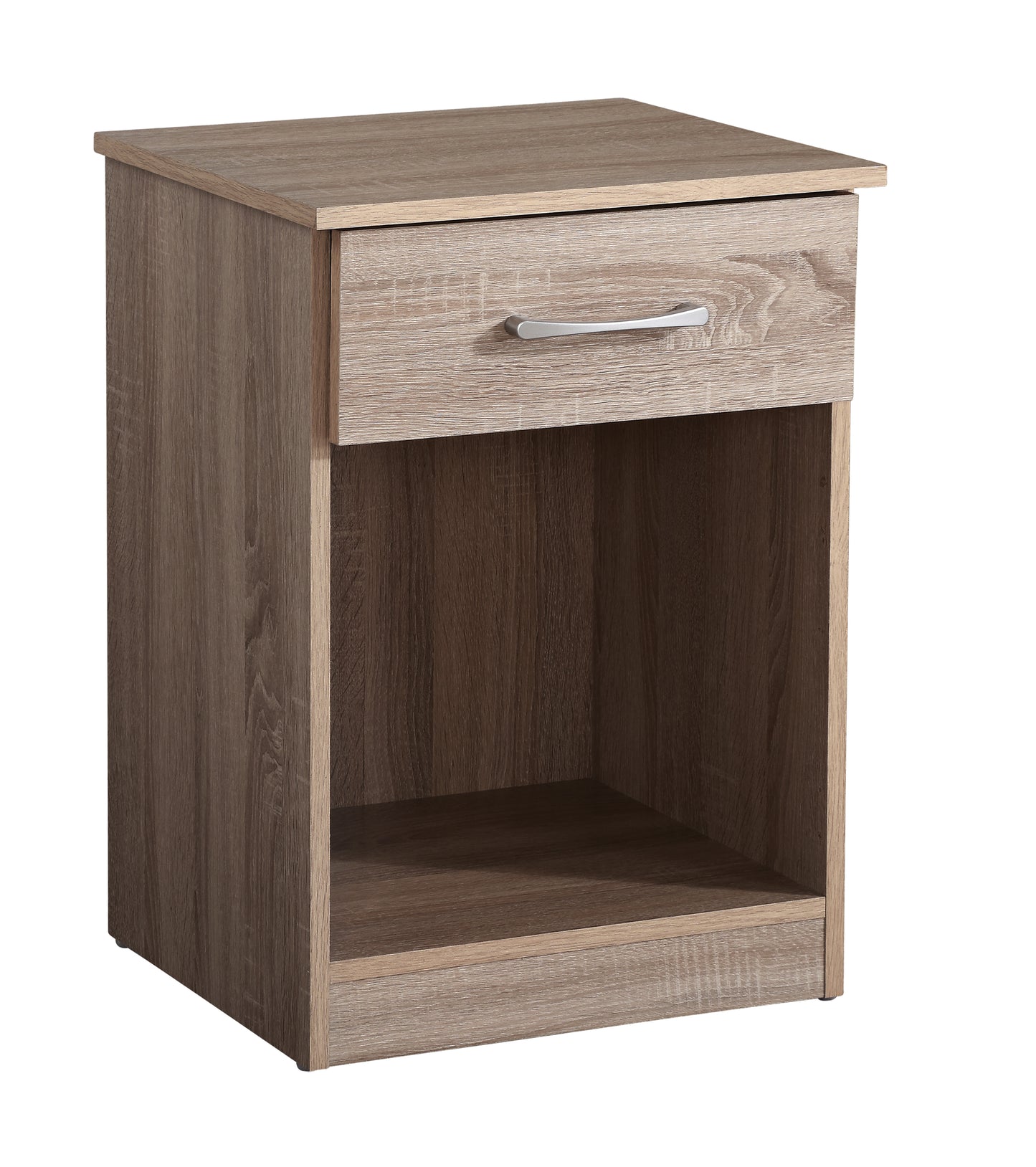 Light brown wood grain nightstand with one drawer and open shelf modern bedroom furniture