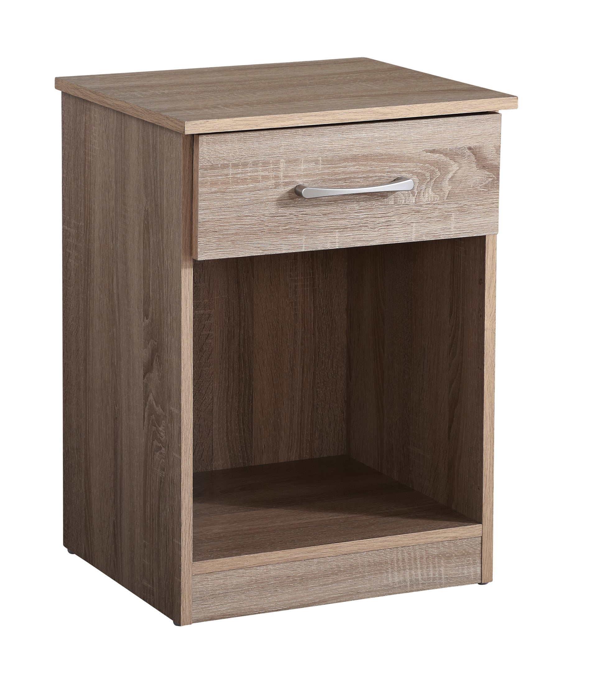 Light brown wood grain nightstand with one drawer and open shelf modern bedroom furniture