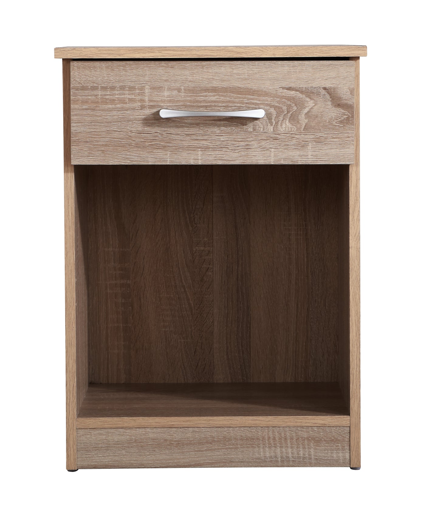 Light oak finish bedside table with one drawer and open shelf storage